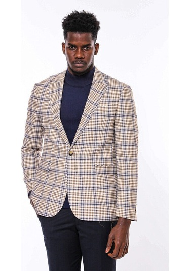 Wessi Ekose Desenli Slim Fit Kahverengi Mavi Erkek Ceket - Wessi Kahverengi - Mavi