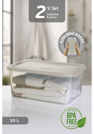 2'li 30l Multibox Saklama Kabı Kilitli Kapaklı Çok Amaçlı Düzenleyici Kiler Depolama Saklama Kutusu Bej