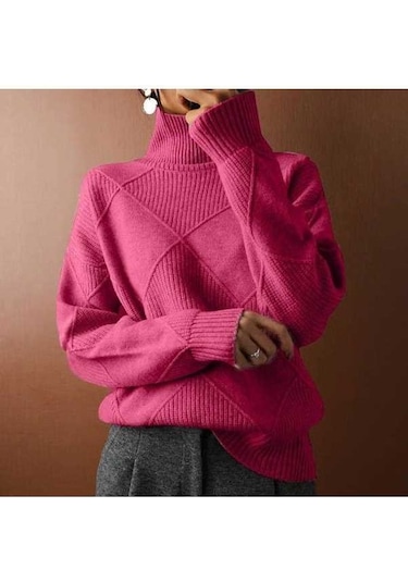 Tongxida Kadın Büyük Beden Yüksek Yaka Mizaçlı Seyahat Örme Moda Kazak Gül Kırmızı Fuşya Fuşya