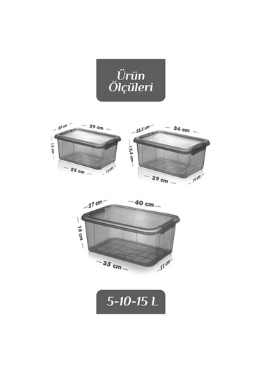 3'lü Organizer Box 5-10-15l Saklama Kabı - Çok Amaçlı Düzenleyici Kilit Kapak Derin Saklama Kutusu Siyah