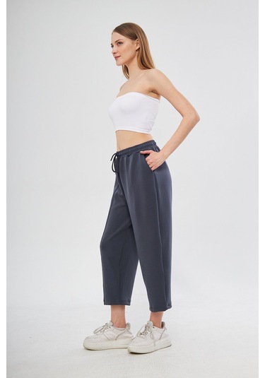 Haki Ultra Yumuşak, Dikiş Detaylı Havuç Kesim Bağcıklı Lastikli Bilek Boy Kadın Modal Pantolon Antrasit