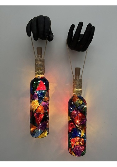 Siyah Renkli Erkek Eli Heykeli Ve Tıpa Peri Led Işıklı Vitray Cam Çok Renkli