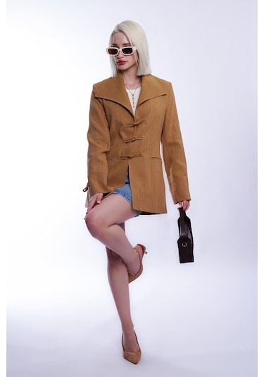 Madmext Hardal Bağlama Detaylı Blazer Kadın Ceket Mg2482 Hardal