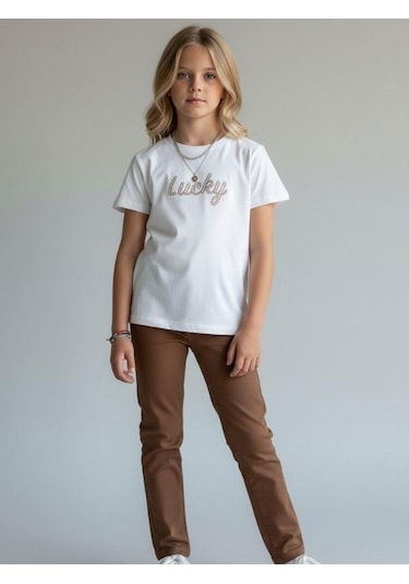 Zekids Kız Çocuk Lucky Baskılı Pamuklu T-shirt-16886 Ekru Kahve