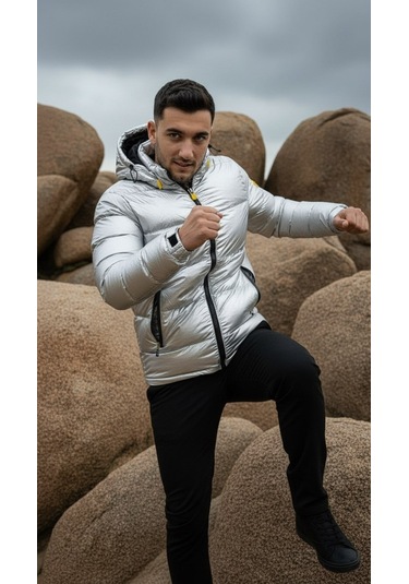 Erkek Gümüş Renk Kapüşonlu Şişme Mont Su Geçirmez Parlak Kaban Gümüş