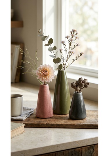Çok Renkli 3'lü Seramik Dekoratif Vazo Seti Salon Konsol Sehpa Dekoru