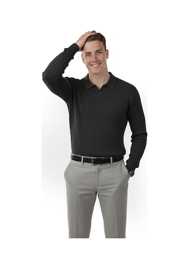 Deepsea Erkek Füme Polo Yaka Fitilli Triko Kazak %100 Pamuk, Esnek Dokulu, Modern Kalıp 2605305 Füme Deepsea Erkek Füme Polo Yaka Fitilli Triko Kazak %100 Pamuk, Esnek Dokulu, Modern Kalıp 2605305 Füme