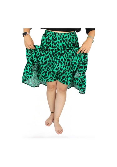 Nurören Viskon Kumaş Yeşil Siyah Leopar Desenli Midi Boy Kadın Şort Etek Leopar