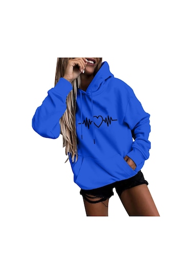 Kaixinjiuhao Kadın Moda Rahat Eğlenceli Baskı Kapşonlu Kazak Gevşek Spor Üstleri Kazak Siyah