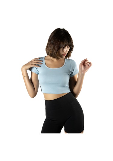 Açık Mavi Havuz Yaka Fitted/vücuda Oturan Kısa Kol Crop Tişört Açık Mavi