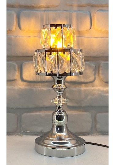 Modern Krom Metal Ayak Çoklu Kristal Taşlı Kademeli Şapka Abajur Krom