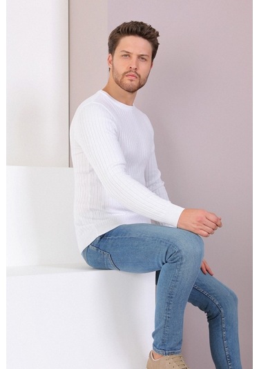 Ferraro Beyaz Bisiklet Yaka Fitilli Erkek Kazak Beyaz