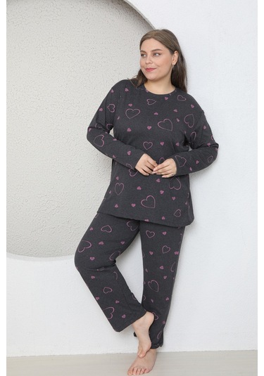 Fames Pijama Büyük Beden Kalp Desenli Mevsimlik Uzun Kol Pijama Takim Füme