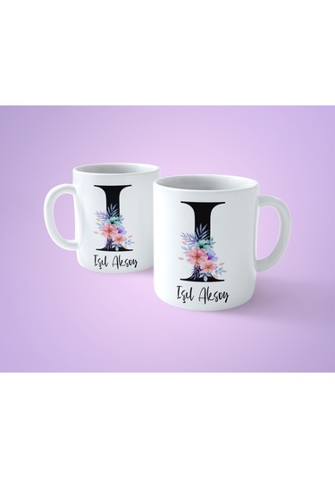 Çiçekli I Harfli İsimli Baskılı Kupa Bardak