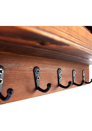 Flybuy Ahşap Anahtarlık Duvar Rafı - Çam Ağacı Kahverengi, 25x18.5x7.5cm, Endüstriyel Dekor İçin Mükemmel Giriş Siyah