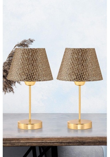 Star Gold Ayaklı Abajur Kahverengi Hasır Başlık Yatak Odası Salon Masa Lambası 2 Adet Kahverengi