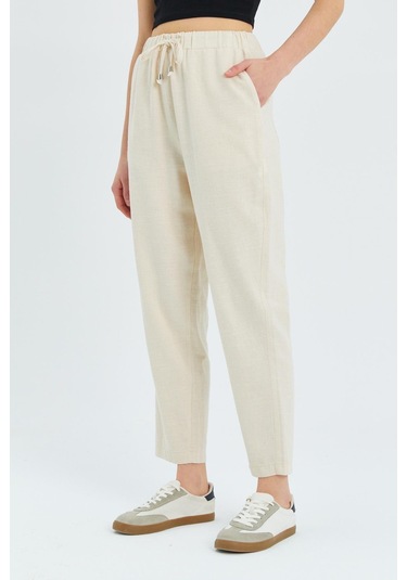 4566 Kadın Lastikli Bel Keten Pantolon Naturel Naturel