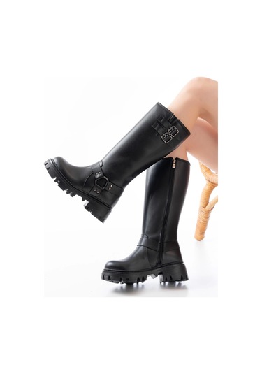 Siyah Toka Aksesuarlı Fermuarlı Günlük Kadın Çizme Siyah