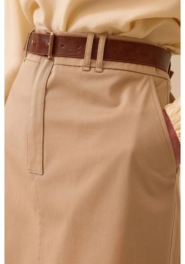Kadın Yırtmaç Detaylı Cepli Etek - Camel CAMEL