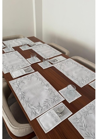 Nazlım Keten Nakışlı Amerikan Servis Takımı 19 Parça Silver Gümüş