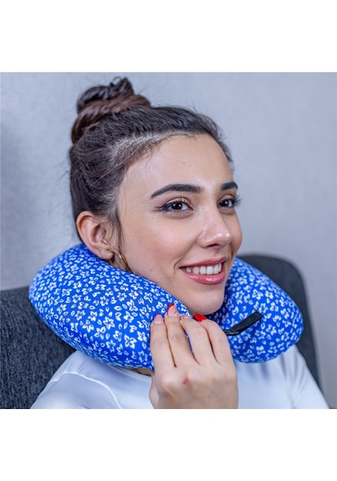 SimpleThePillow Visco Seyahat Yastığı Araba Uçak Otobüs Taşıt İçi Yolculuk Yastığı Ortopedik Yastık Desenli Mavi 31*27*10