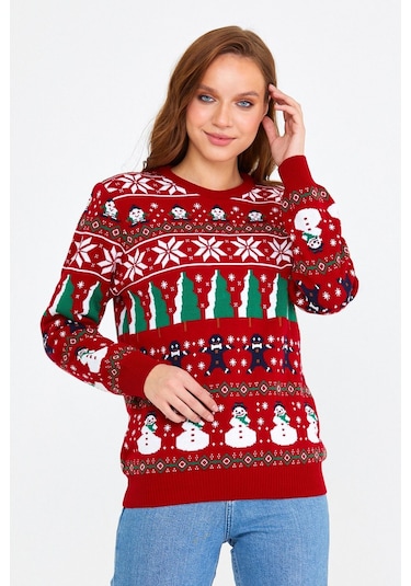 Tarz Cool Kırmızı Kadın Christmas Yılbaşı Kazağı Kırmızı