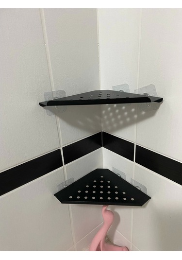 Kitaro Kendinden Yapışkanlı Köşe Şampuanlık Setsiz Mat Siyah İki Katlı Siyah