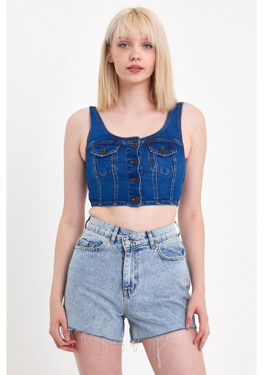 Kadın Önü Düğmeli Cep Detaylı Askılı Denim Crop Lacivert