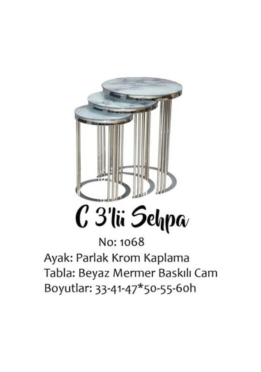 Bengi Brc C Zigon Sehpa C 3'lü 1068 Beyaz Mermer Desen Metal Parlak Krom Ayak El Yapım