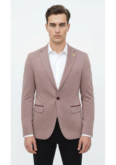 Plus Scorpion Açık Pembe Erkek İtalyan Kesim Blazer Ceket Kol Yamali, Slim Fit, Şık Ve Modern Tasarım Pembe