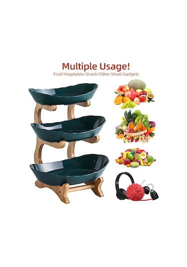 Reedark 3 Katlı Bambu Meyve Tepsisi - Çok Amaçlı Atıştırmalık Ve Pasta Sunum Standı Yeşil Koyu Yeşil