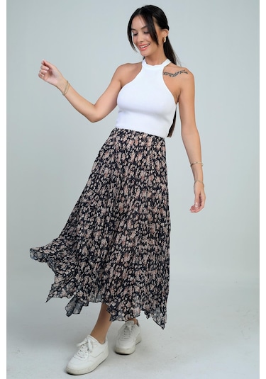 Kadın Beli Lastikli Astarlı Mini Çiçekli Midi Kraşlı Üçgen Etek-41724 Siyah