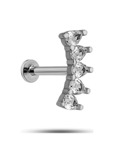 925 Ayar Gümüş Rodyumlu Minimal Mekik Beş Taşlı Tragus Piercing Küpe Gümüş