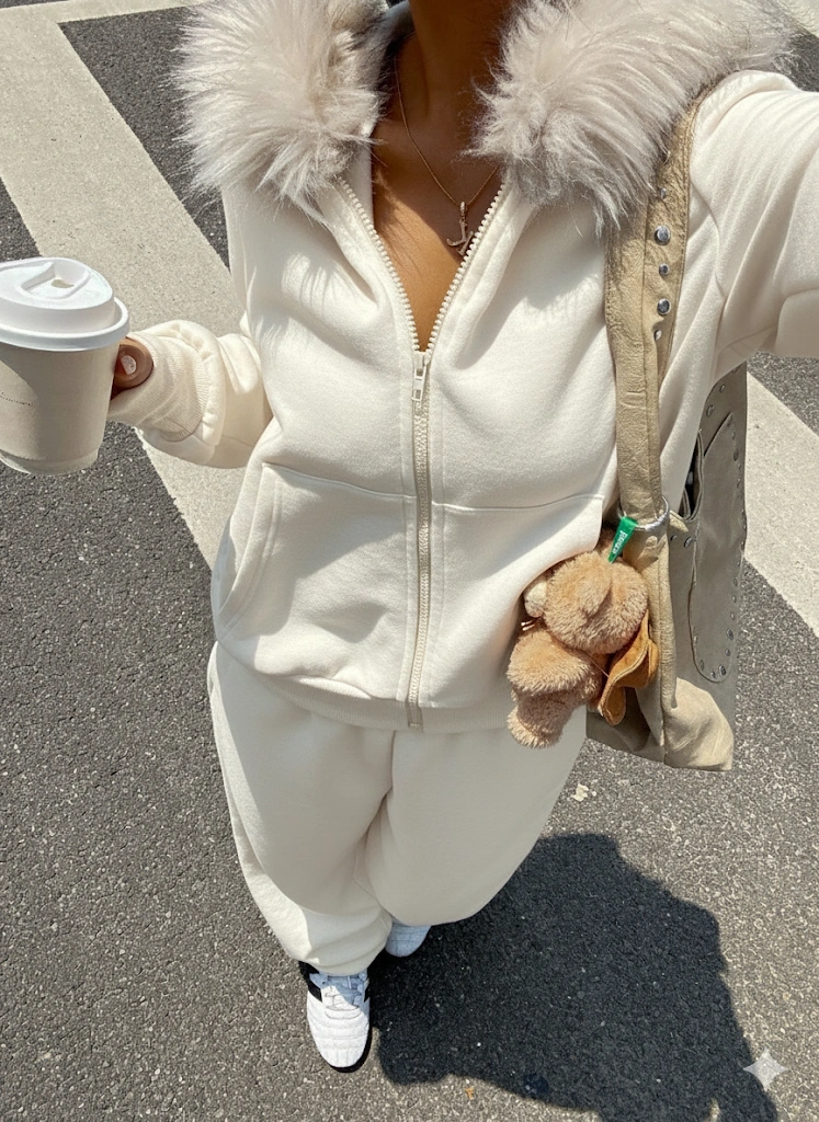 Ekru Siyah Fermuarlı Kapüşonlu Sweatshirt Eşfoman Takımı Kürklü Kapüşon, Cepli, Rahat Kalıp Ekru
