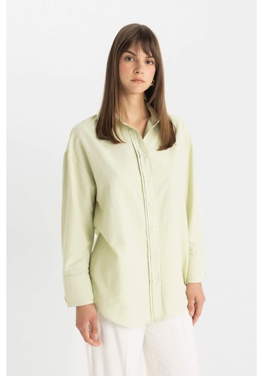 Defacto Relax Fit Poplin Uzun Kollu Gömlek Tunik C9430AX24SMGN718 Yeşil