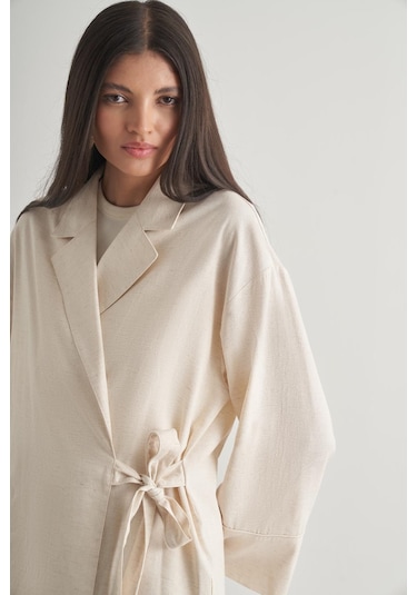 Mizalle Keten Karışımlı Anvelop Bağlı Bej Rengi Kimono Ceket Bej