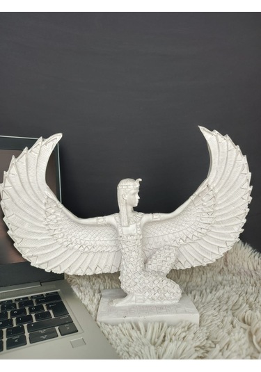 Antik İsis Heykel Obje, Beyaz Oturan Kanatlı İsis Obje, Ev Dekoru