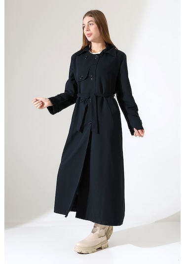Amazon Keten Kumaş Uzun Boy Düğmeli Astarlı Yumuşak Dokulu Trenç Kot Siyah Siyah