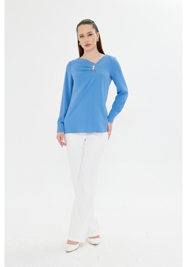 Yakası Pileli Ve Düğme Detaylı Gömlek İndigo Indıgo