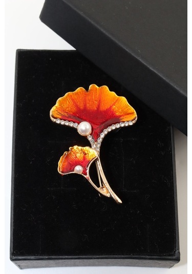 Ginkgo Yaprağı İncili Taşlı Broş. Yaka İğnesi Broş. Kadın Broş. Çiçek Broş. Ginkgo Broş. Gold Broş. Altın - Kırmızı