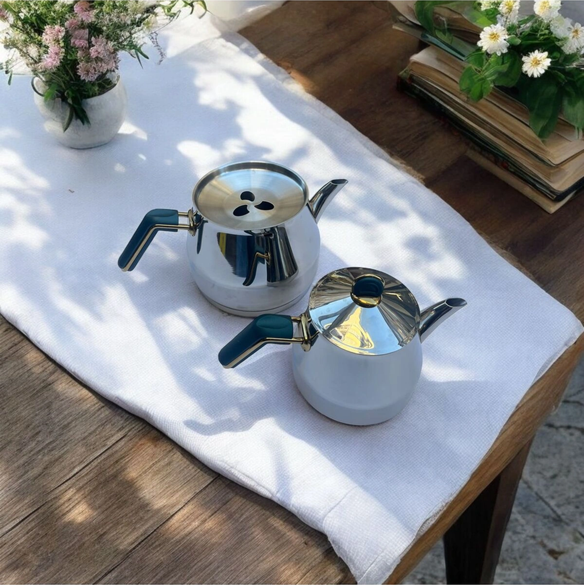 Bambum Lunar Orta Boy Çelik Çaydanlık Takımı Yeşil Yeşil