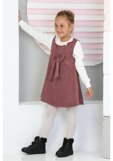 Kız Çocuk Süet Kumaş 2'li Elbise Elbise+bady Bluz 12177 Gülkurusu