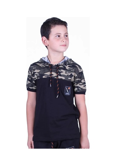 Kamuflaj Desenli Kapşonlu Haki Erkek Çocuk T-shirt Haki