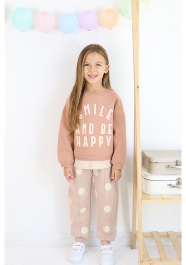 Kız Çocuk Smile And Happy Baskılı Kalın Eşofman Takımı Açık Kahverengi