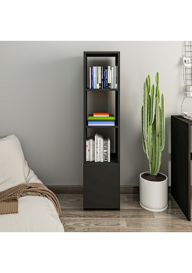 Kuzey 4 Raflı, Kapaklı Minimal Beyaz Kitaplık Antrasit