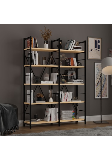 6 Raflı Metal Kitaplık İki Modül-metalk02-safir Meşe