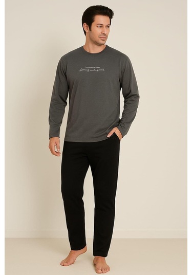 Erkek 1909 Uzun Kol % 100 Pamuk Pijama Takımı Füme Füme