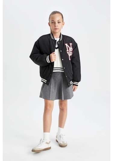 DeFacto Kız Çocuk Su İtici Kolej Yaka Çıtçıtlı Cepli Bomber Mont C5408A824AUBK27 Siyah