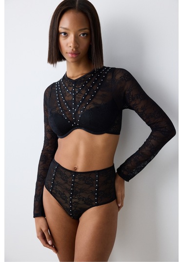 Penti Shinny Lace Dantel Uzun Kollu Siyah Croplet