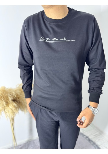Say-Has Fashion Göğüs Baskılı Bisiklet Yaka Sweatshirt Siyah